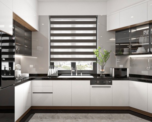 Tủ bếp cánh kính kết hợp tủ bếp Acrylic